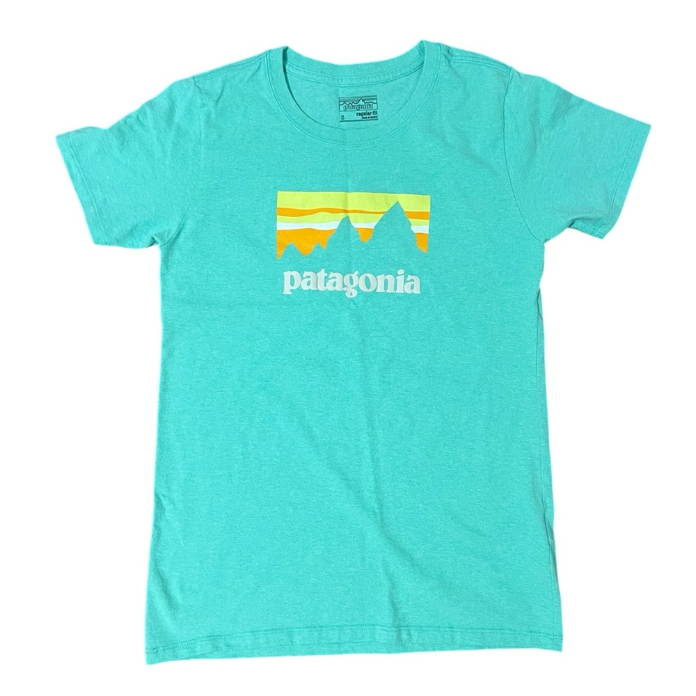 EUC Patagonia Women’s Sunrise Graphic T-Shirt in Mint Green Blue
